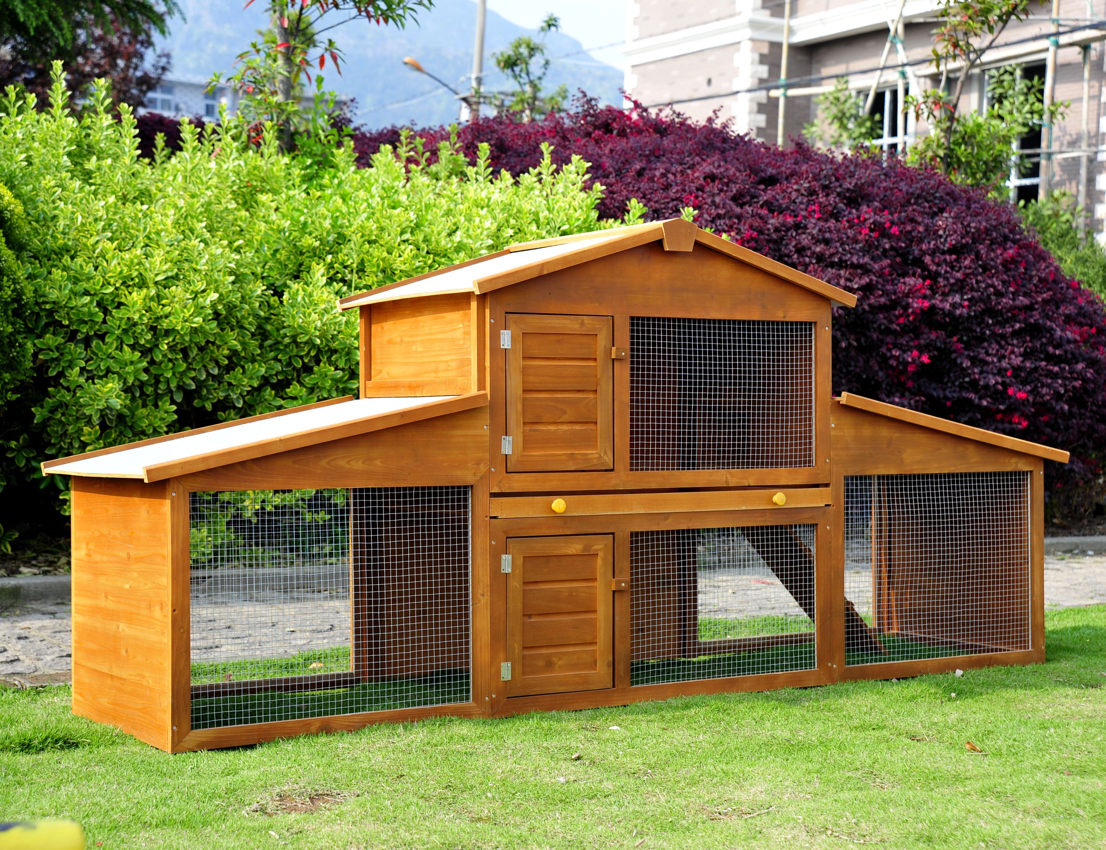 PawHut Wooden Rabbit Hutch with Outdoor Run Backyard Bunny Cage | Groupets