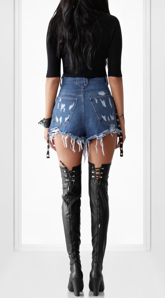 denim shorts and knee high boots