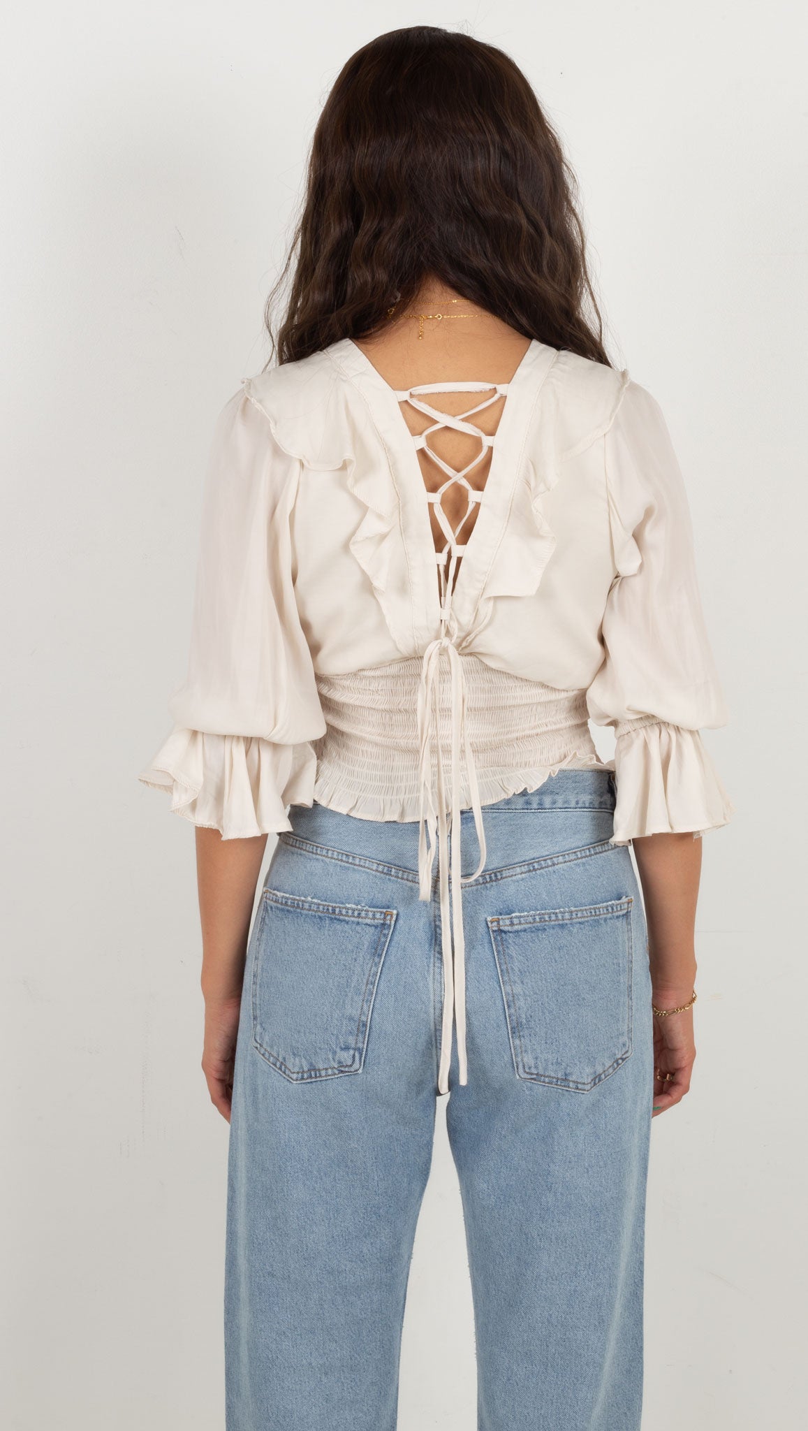 Chantelle Lace Up Back Smocked Top - Oat