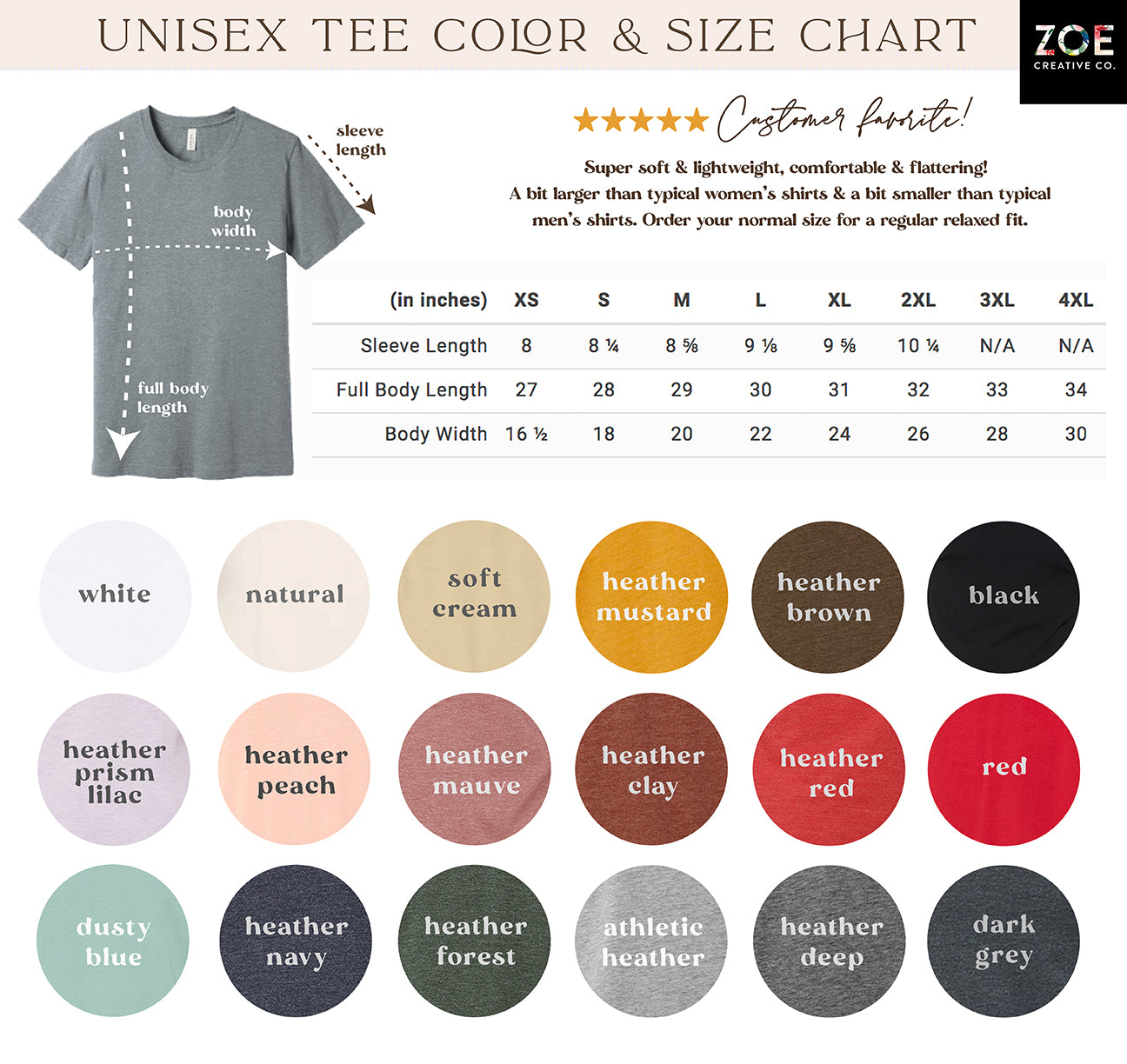 Zoe Gifts Size and Color Charts – Zoe Creative Co