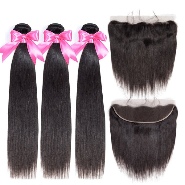 Straight Human Hair Bundles With Frontal 13*4 Pre-Plucked Lace