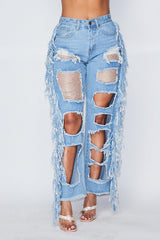 blue jeans with fringe on the side