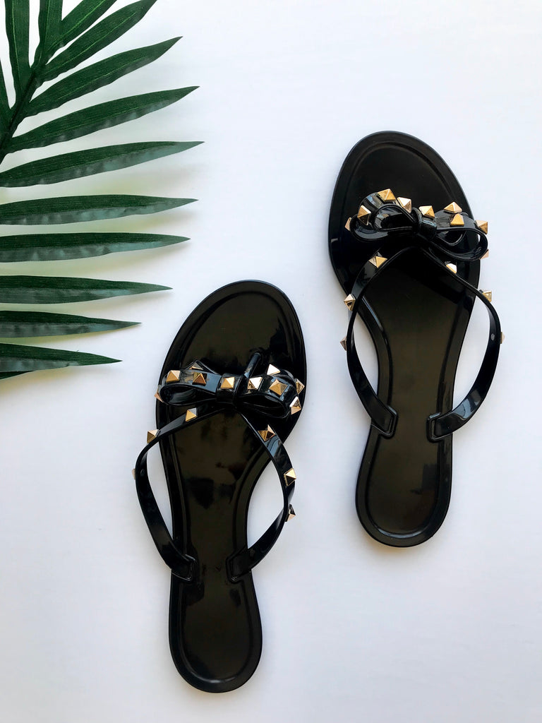 studded bow flip flops