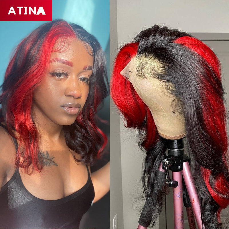 Black and Red Human Hair Wig Highlighted Colored 13x4 Lace Wigs Atina Hair
