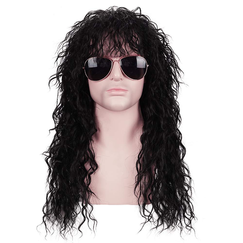 Morvally Men's 80s Style Long Black Curly Hair Wig Glam Rock-Rocker Wi