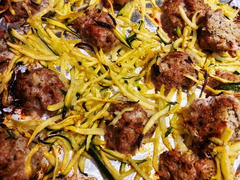 Image of meatballs and zucchini baking