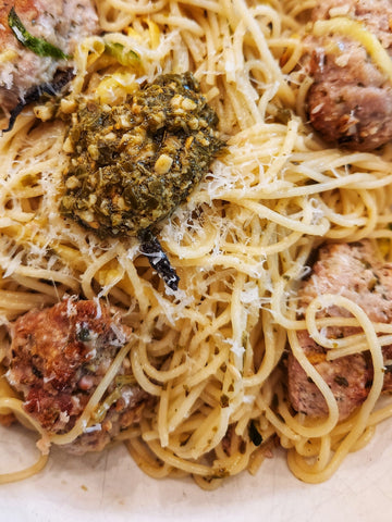 Image of pasta, meatballs and pesto