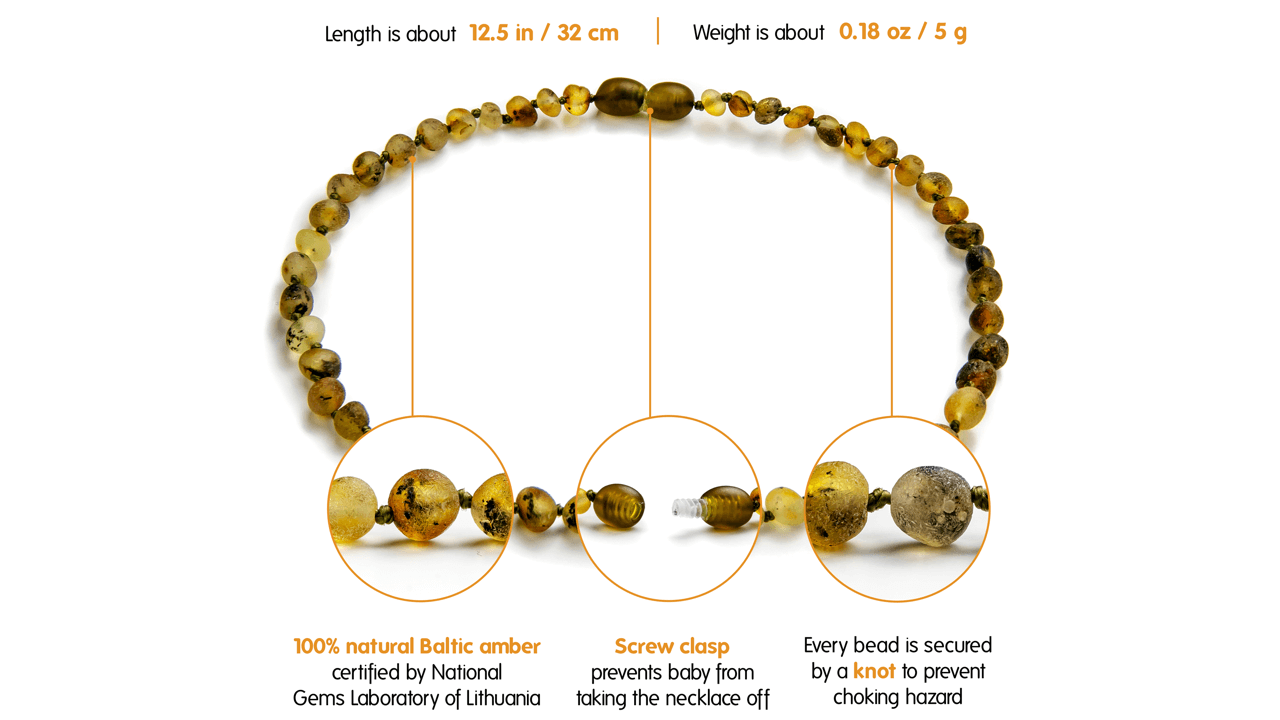 Features of Amber Guru's Raw Unpolished Amber Teething Necklace in Green Color