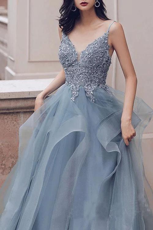 Buy Spaghetti Straps Blue Gray Tulle V Neck Long Ruffles Prom Dresses with Lace  Applique STI15411 Online – Cheappromproms