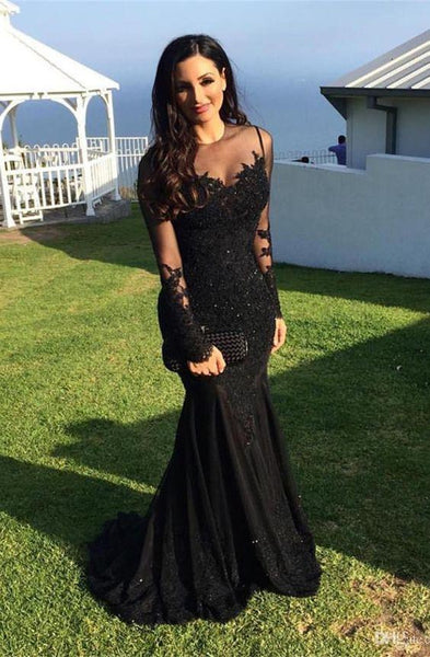 Buy Modset Mermaid Black Long Sleeves Prom Evening Dress with Appliques ...