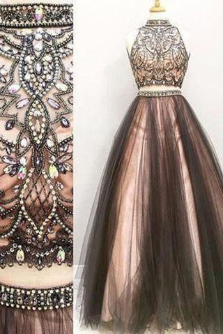Two pieces A line Beaded Tulle prom dress dresses for prom Long prom dress