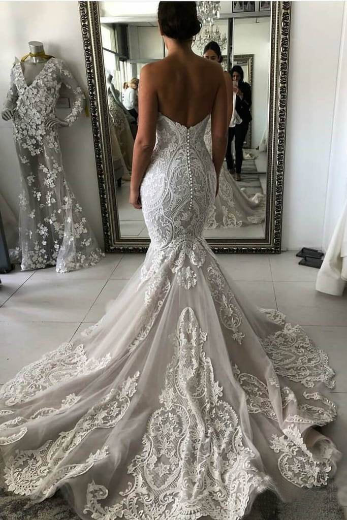 Mermaid Wedding Dresses Backless Satin Lace Appliques Sweep Train