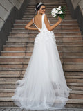 A-Line/Princess Tulle Applique V-neck Sleeveless Sweep/Brush Train Wedding Dresses TPP0006400