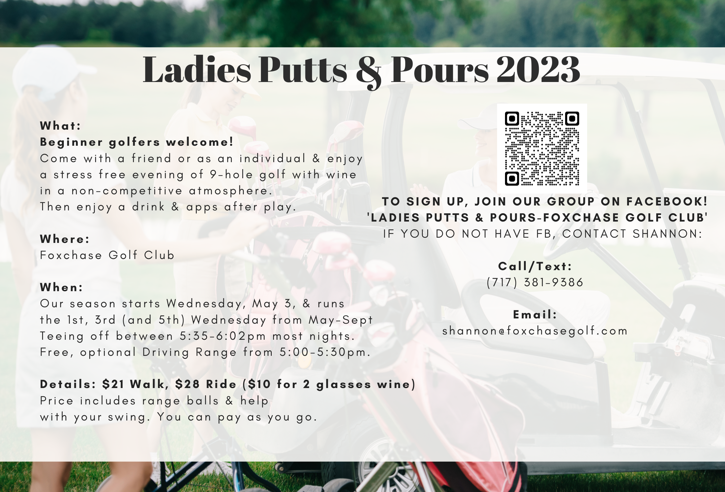 Ladies Putts & Pours - Foxchase Golf Club. Enjoy a beverage and 9 holes in a non-competitive environment.