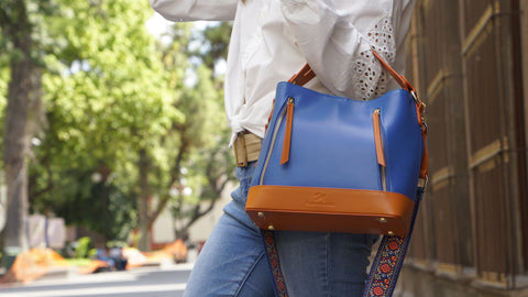 blue orange leather mini tote bag by designer brands