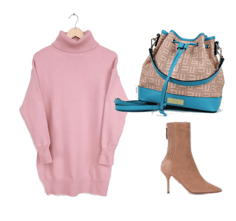 Pink Sweater dress with nude heels and teal bucket bag