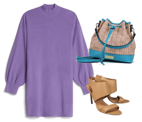 Lavender Long Sleeve Sweater Dress with sandals and teal bag