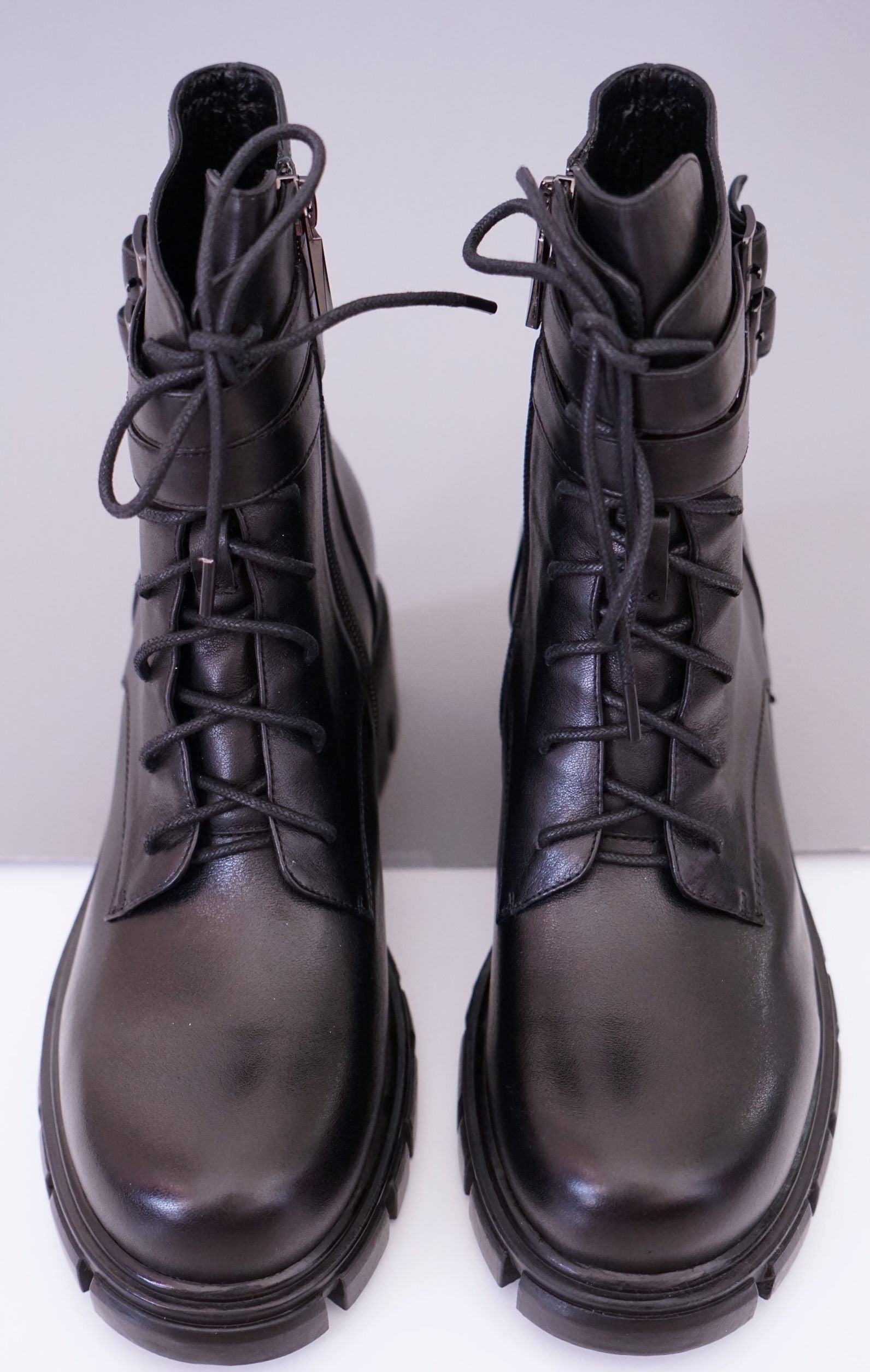 Smooth Genuine Leather Buckled Lace -up Combat Boots for Women ...