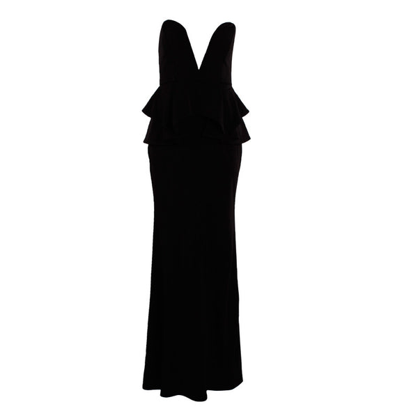 Deep Plunge Ruffled Peplum Maxi Dress | VINTAGEHORDES
