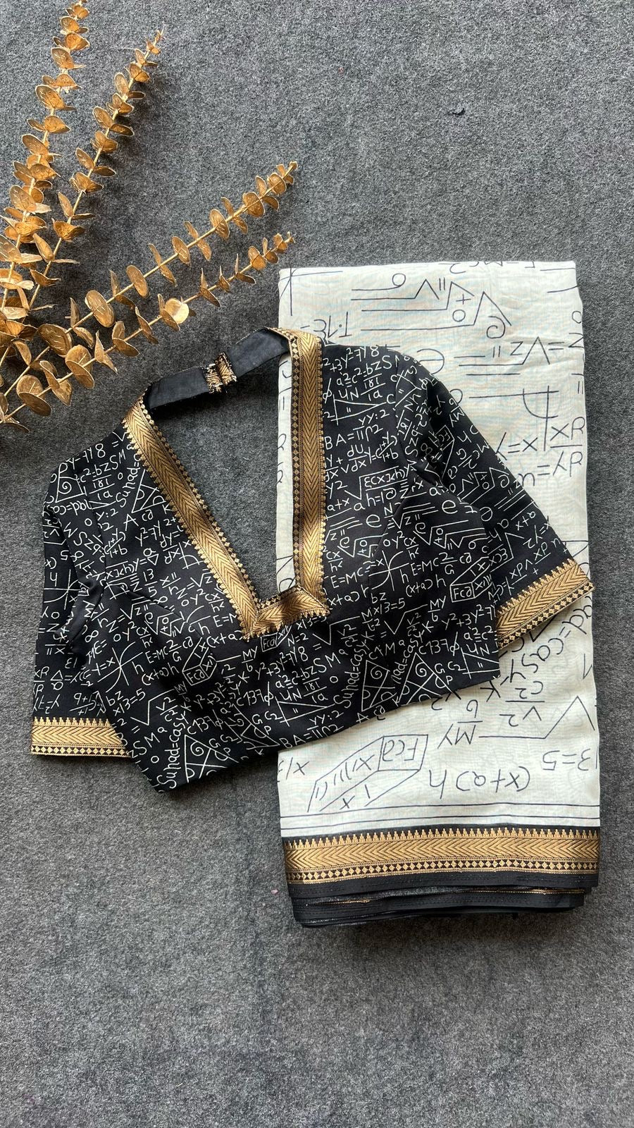 Half white chanderi cotton saree with black patterned blouse