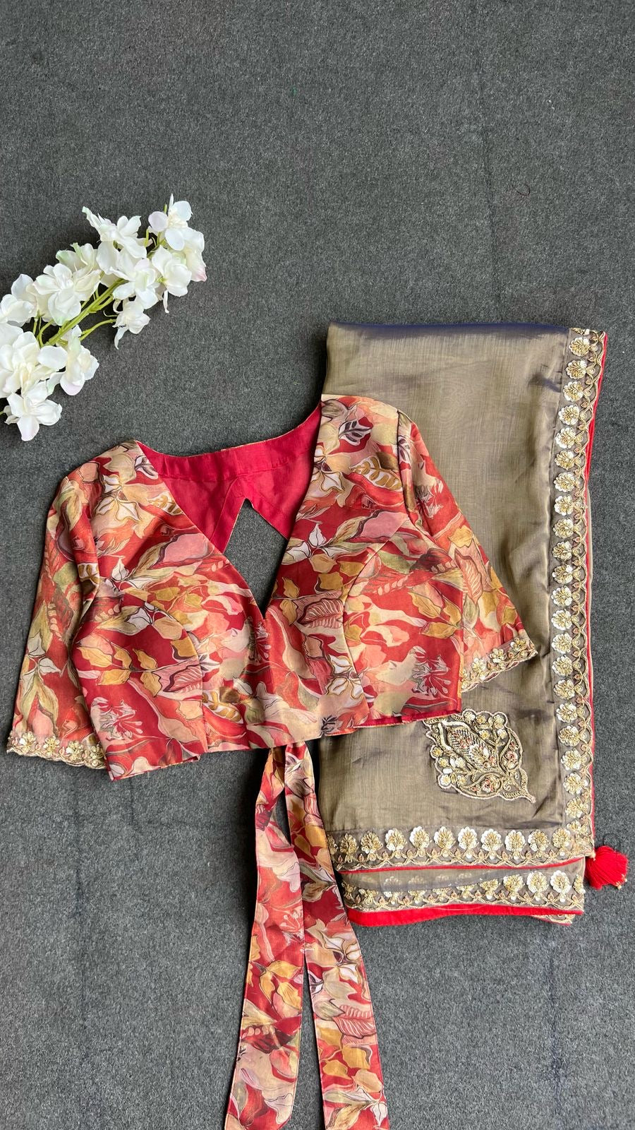 Grey soft tissue saree with floral embroidery blouse