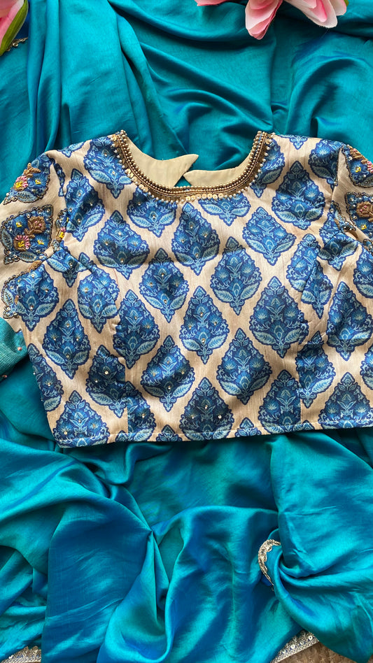 Peacock blue satin malai saree with embroidery blouse - Threads