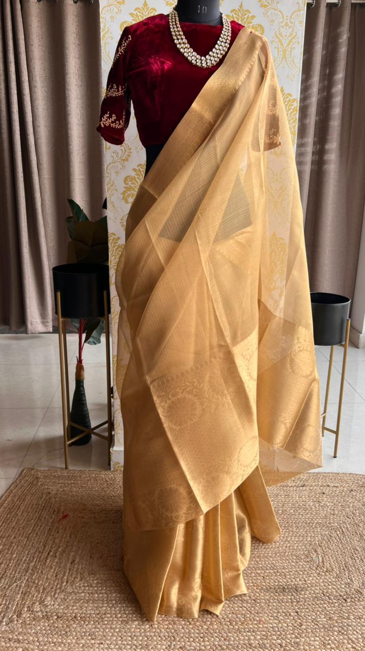 Golden kota silk saree with wine velvet hand worked blouse – Threads