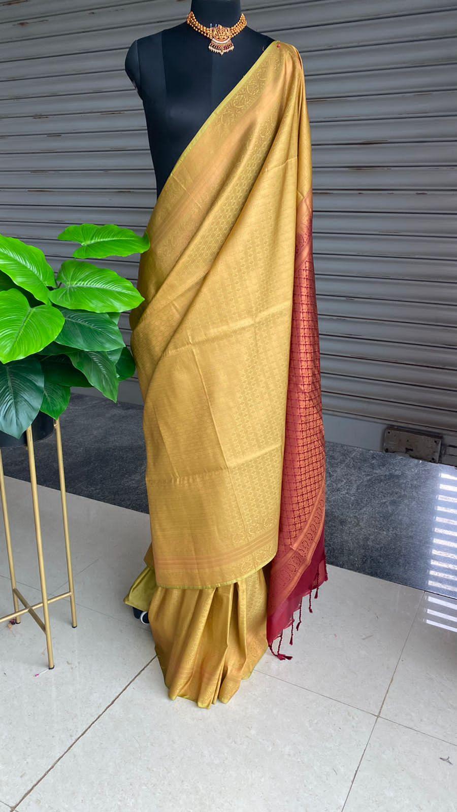 Golden Yellow and Maroon soft Silk saree with blouse - Threads