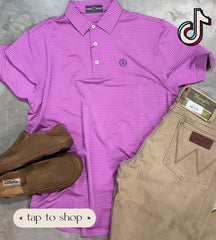 home bound original lavendar polo with wrangler saddle khaki pants and olukai loafer shoes