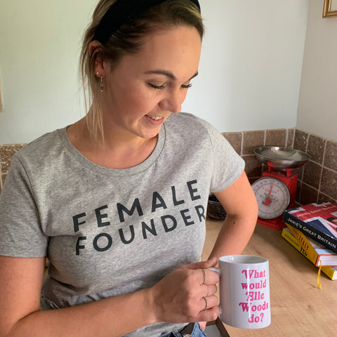 Lucy wearing female founder tshirt