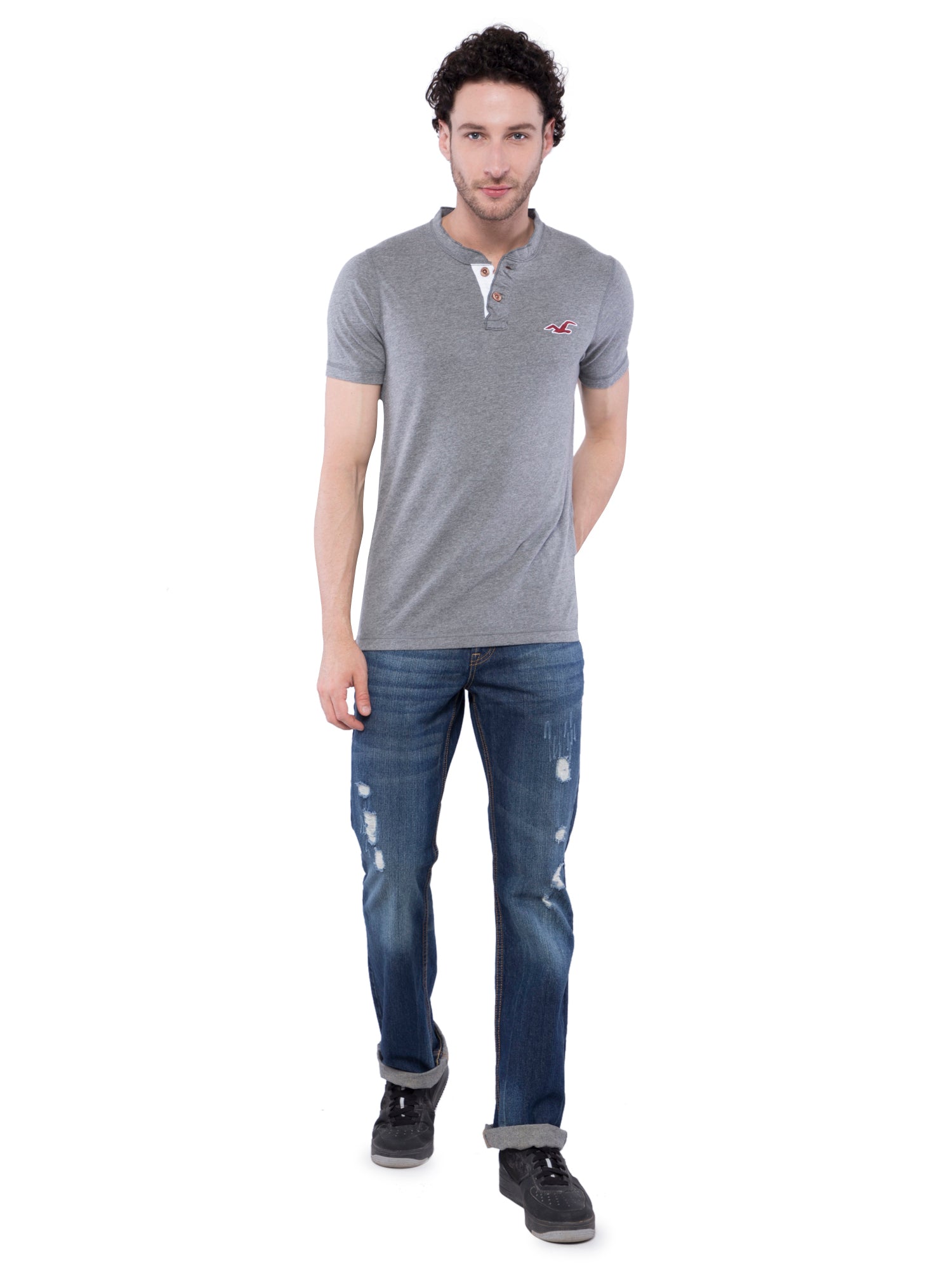 Hollister Men Grey Henley T-Shirt 