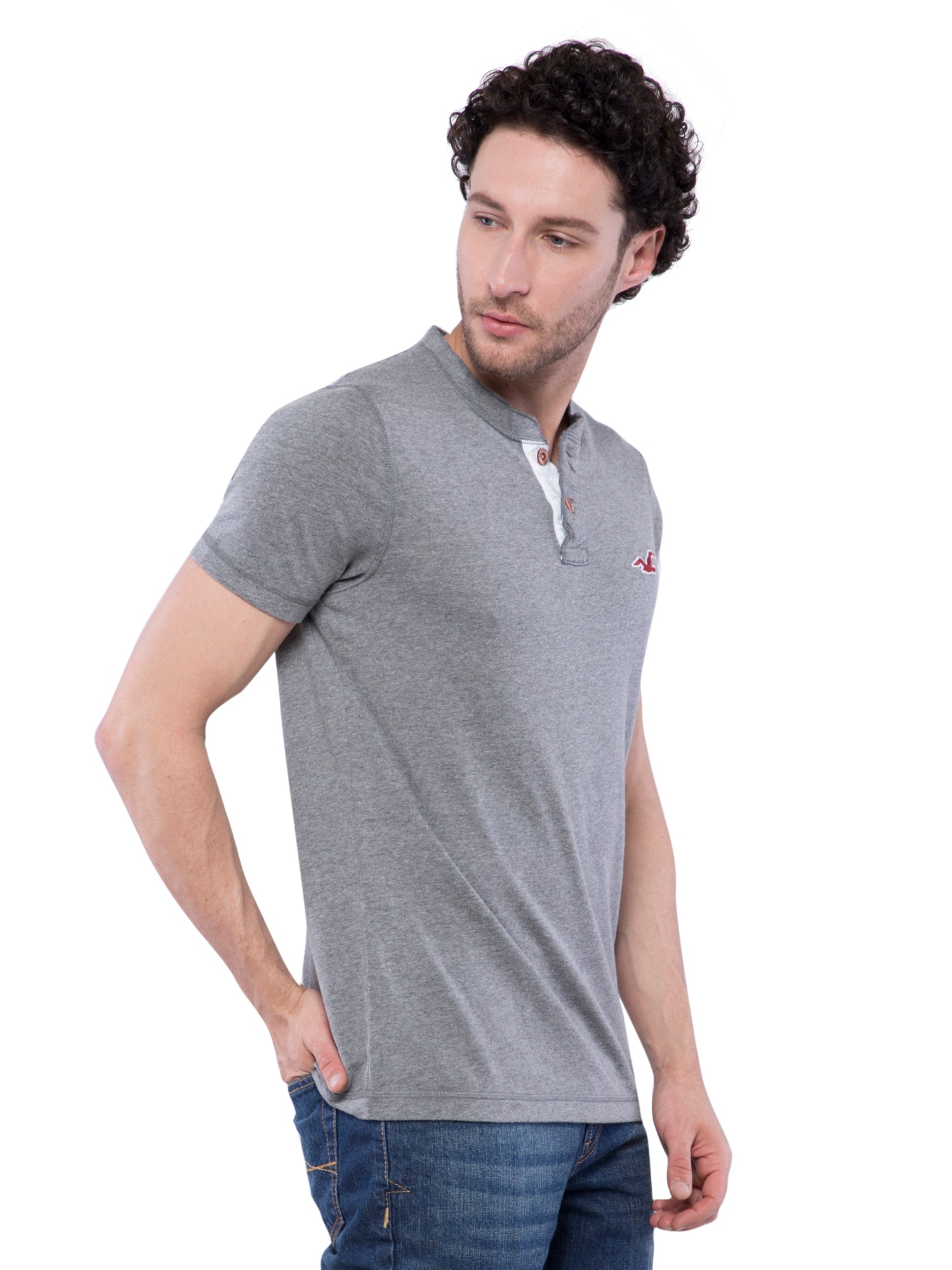 Hollister Men Grey Henley T-Shirt