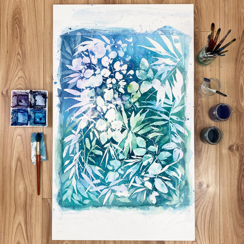 Jungle Dream-turquoise botanical watercolor by Ingrid Sanchez, Meanwhile 2020.