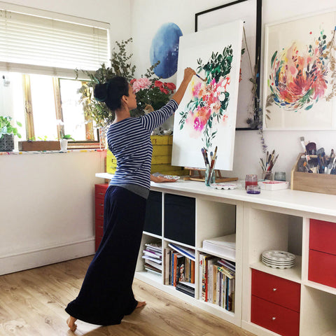 Ingrid Sanchez, AKA CreativeIngrid painting in her studio in London, Botanica Autumn 2019.