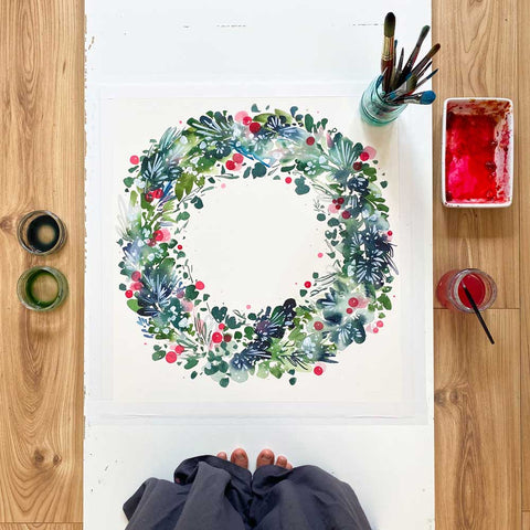 Painting a Christmas Wreath, DIY Watercolor Christmas. Ingrid Sanchez 2021. | CreativeIngrid | Publisher David & Charles.