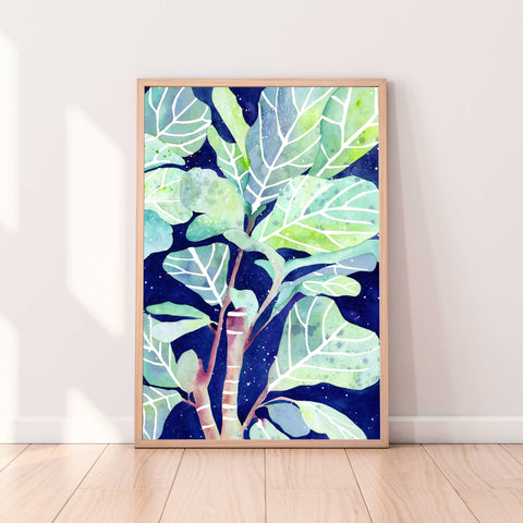 Fig Plant Dream, Original art of a Fig plant with bright green and turquoise leaves and a background of a blue galaxy texture. Ingrid Sanchez, CreativeIngrid 2021.