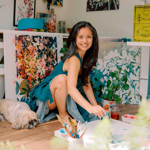 Artist Ingrid Sanchez working in her art studio in West London.