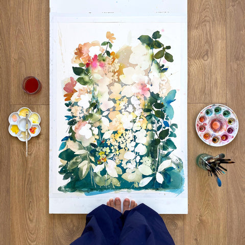 Small yellow flowers and large blooms merging with an ethereal leafy background. 'Soulful Yellow Garden', Spring Collection 2021. London, Ingrid Sanchez.