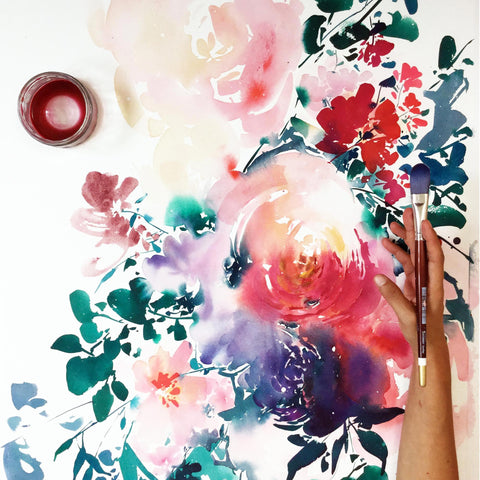 Wisdom, large floral watercolor painting by artist Ingrid Sanchez, CreativeIngrid.