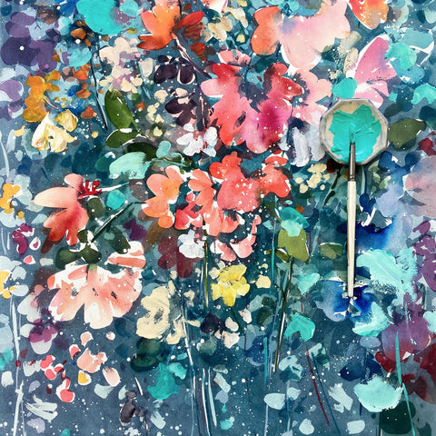 Blooming night, turquoise botanical painting by Ingrid Sanchez, AKA CreativeIngrid.