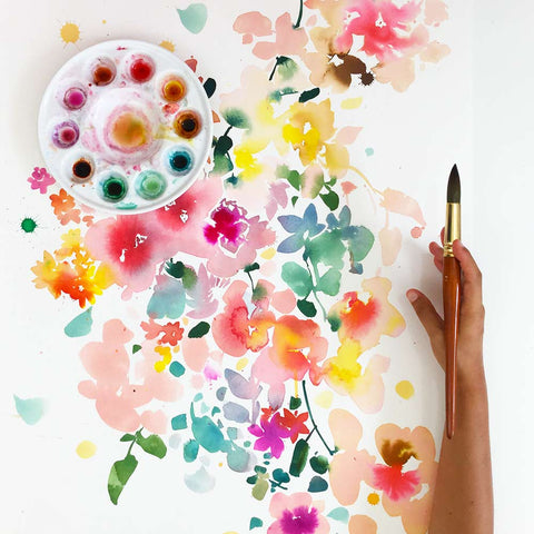 Floral Bustle, bright and colorful watercolor painting. Wall art by Ingrid Sanchez.