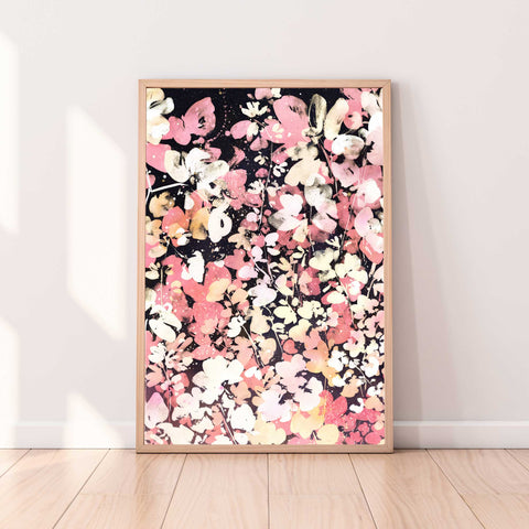 Floral Rise, pink flowers over a black night sky. Watercolor by Ingrid Sanchez, CreativeIngrid.