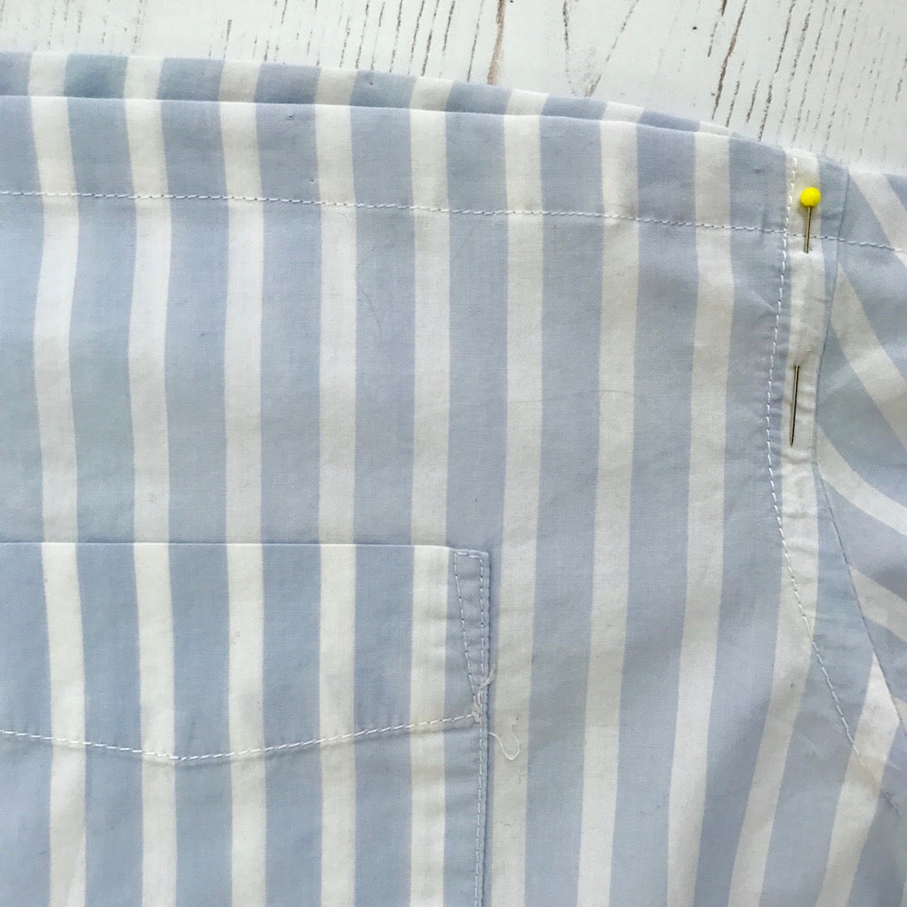 shoulder seams pinned of mens shirt refashion