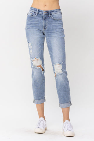 Judy Blue Mid Rise Destroy & Double Cuff Boyfriend Denim