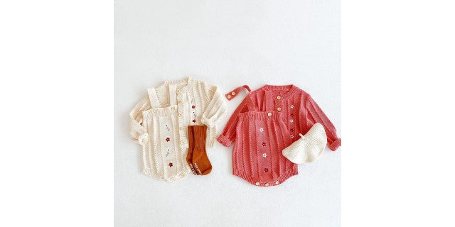 Baby Girls Flower Embroidered Cardigan And Rompers