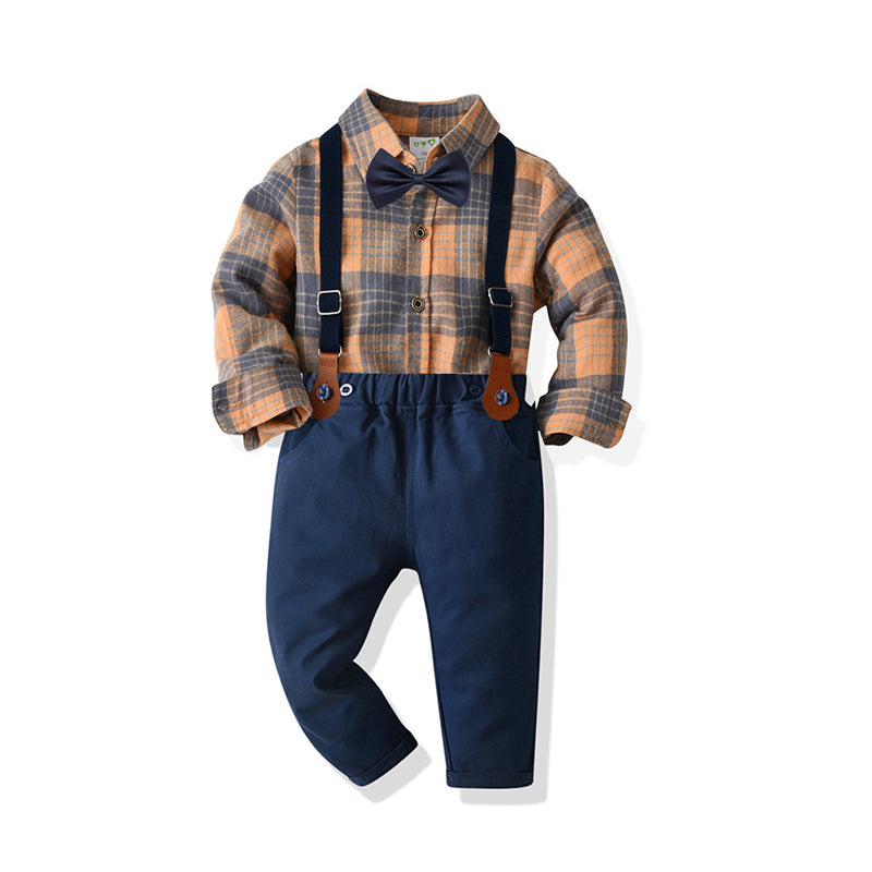 2 Pieces Set Baby Kid Boys Dressy Checked Shirts And Solid Color Jumpsuits Wholesale 21110984