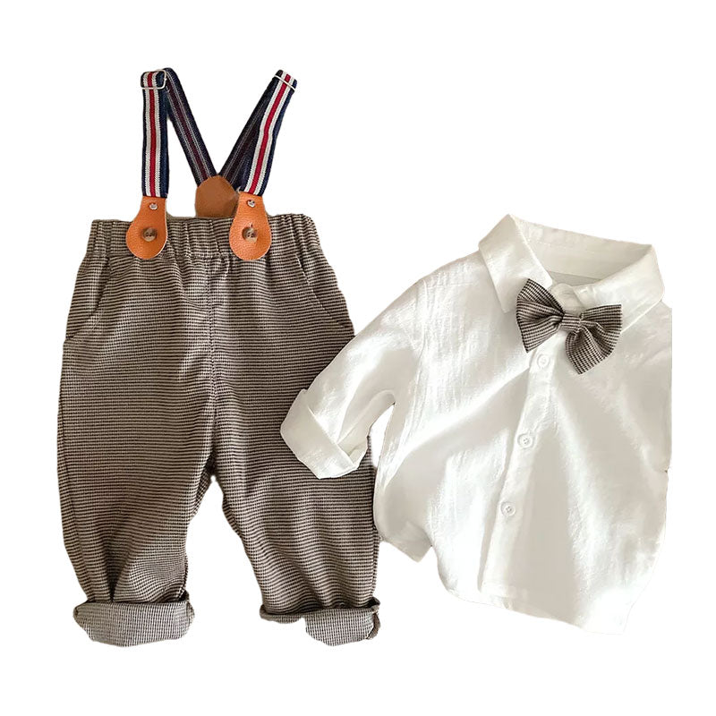 2 Pieces Set Baby Kid Boys Birthday Party Solid Color Bow Shirts And Checked Pants Wholesale 220122267