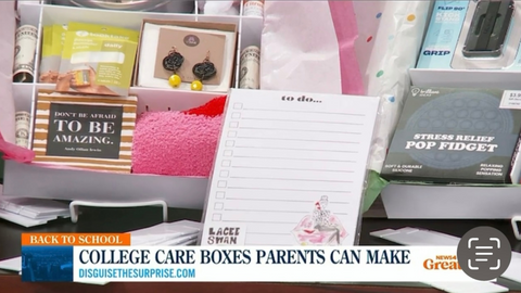 disguise the surprise on cbs kmov news 4 great day st louis, college care box segment on great day st louis with duffy hofer, I wallk through ideas for people to make their own college care boxes using the disguise the surprise gift box dividers