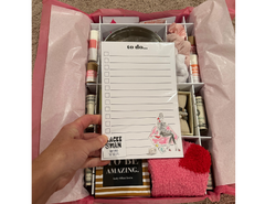 add one of lacee swans notepads or planners to your college care box using disguise the surprise gift box dividers, lay it on top of your assembled box before you close your box