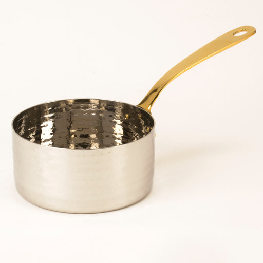 Hammered Stainless Steel Mini Sauce Pan with Brass Handles 5.5 oz.